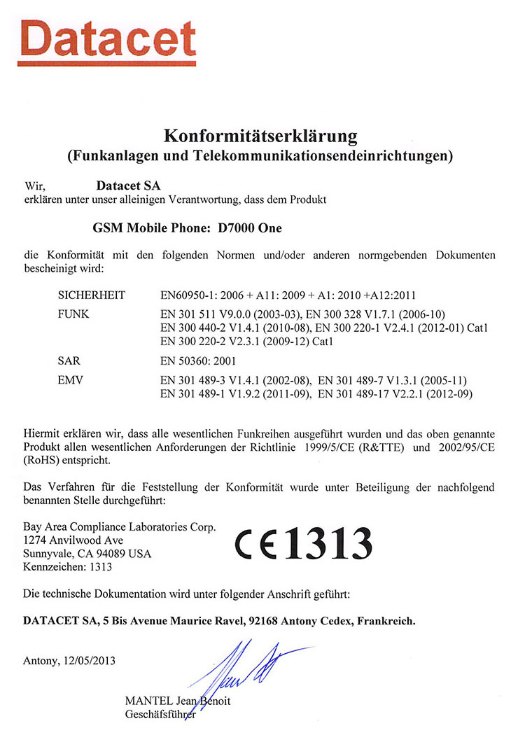 CE-Zertifikat / Konformitätserklärung