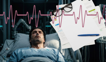 Krankenhaus-Patient im Krankenhausbett mit über ihm schwebenden medizinischen Unterlagen und Dokumenten zur Vorsorge und Organisation im Pflegefall