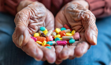 Alte Hände halten zahlreiche verschiedene Mediakemente als Symbol für Polypharmazie und die gleichzeitige Einnahme mehrerer Arzneimittel im Alter