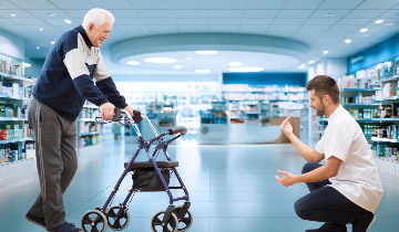Ein Senior mit Rollator bei der Beratung durch einen Mitarbeiter in einem Sanitätshaus