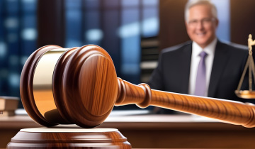 Richterhammer im Vordergrund auf einem Schreibtisch, im Hintergrund unscharf ein Senior mit der Waage der Justitia