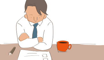 Zeichnung eines Mannes, der mit Kaffee am Tisch sitzt und über eine Checkliste nachdenkt