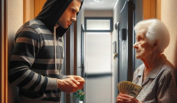 Eine ältere Dame wird im Korridor vor ihrer Wohnung von einem Trickbetrüger gedrängt, ihm ihr Geld zu geben