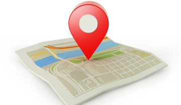 3D-Landkarte mit einem roten Standortsymbol darauf.